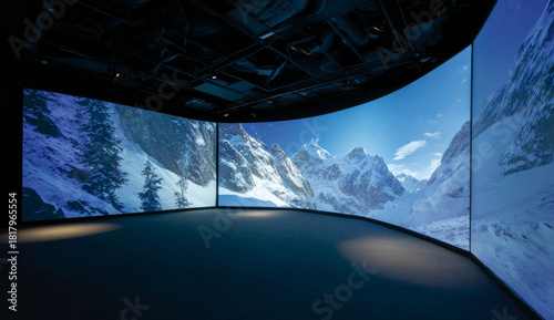 A high-tech virtual reality room with panoramic screens displaying a snowy mountain landscape for immersive experiences and visual entertainment