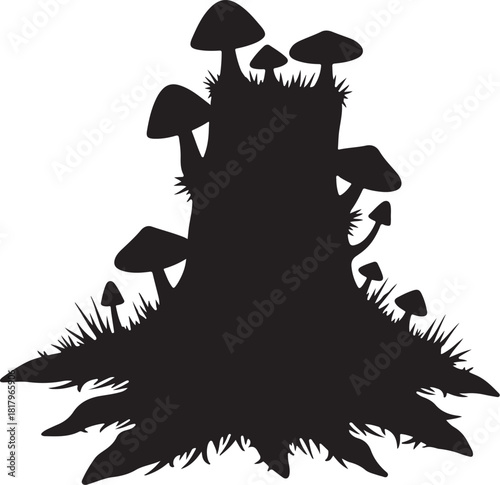 Black silhouette of mushrooms growing on a tree stump