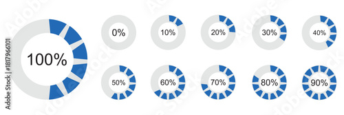 Percentage number icon set vector illustration featuring segmented blue radial pie charts displaying progress from 0% to 100%, perfect for data visualization, infographics, and loading indicators.
