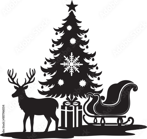 Black silhouette of reindeer Christmas tree sleigh and gifts