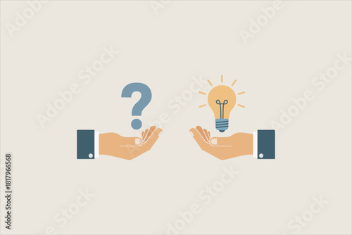 Flat illustration of hands holding a question mark and a light bulb, representing problem-solving, ideas, innovation, and finding solutions. Suitable for business and creative concepts.