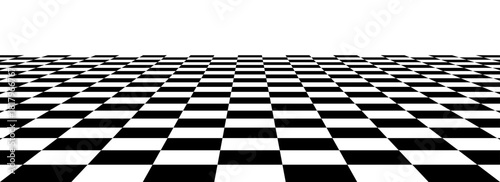 Checkerboard floor in perspective. Black and white checkered tile pattern background. Retro horizontal chess board grid plane surface. Vector vintage empty room stage checker floor