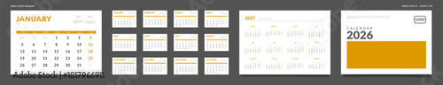 2026 Calendar Planner Set of Template grid Monthly Page, Cover with Place for Photo, Company Logo, Annual 2027. Vector layout of wall or desk organizer calend with week start Monday in print. Pages A4