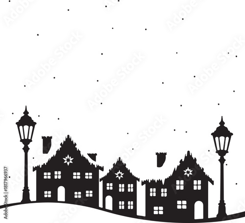 Black silhouette of snowy houses and streetlights winter