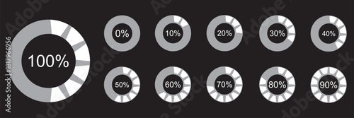 Percentage number icon set vector illustration featuring segmented blue radial pie charts displaying progress from 0% to 100%, perfect for data visualization, infographics, and loading indicators.