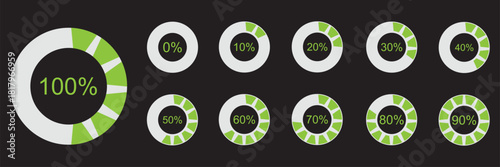 Percentage number icon set vector illustration featuring segmented blue radial pie charts displaying progress from 0% to 100%, perfect for data visualization, infographics, and loading indicators.