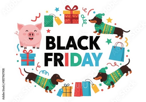 Festive Black Friday Illustration with Dachshunds Pig and Gifts for Holiday Shopping Season Fun