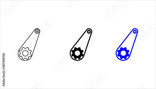  Industrial Gear and Mechanical Belt Icon set . Black solid icon of a gear and pulley belt system representing machinery, mechanical engineering, industrial system, and automation technology.