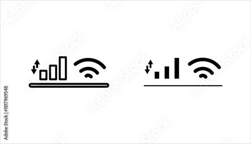  Wireless WiFi and Network Signal Icon  set. simple icon of WiFi and mobile signal connection showing upload and download speed indicator. Minimalist communication symbol for internet, network connect