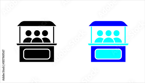  Exhibition Booth with People Icon set. Black silhouette icon of a booth with three people inside, representing business exhibition, event stand, public service counter, or marketplace kiosk.