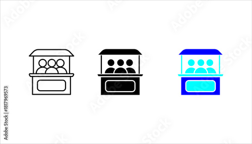  Exhibition Booth with People Icon set. Black silhouette icon of a booth with three people inside, representing business exhibition, event stand, public service counter, or marketplace kiosk.