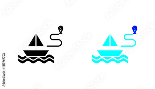 Boat and Navigation Route Map Icon set. Black boat icon with water waves and a location route pin representing marine navigation, travel direction, GPS tracking, and sailing route planning.