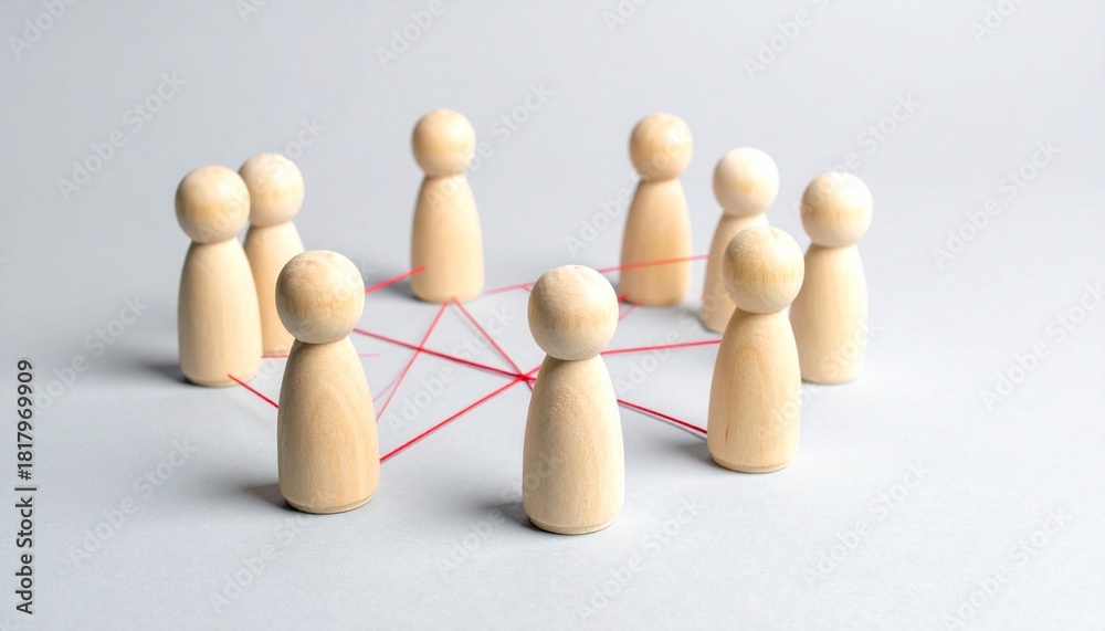 Obraz premium Wooden figurines in circle linked by red strings.