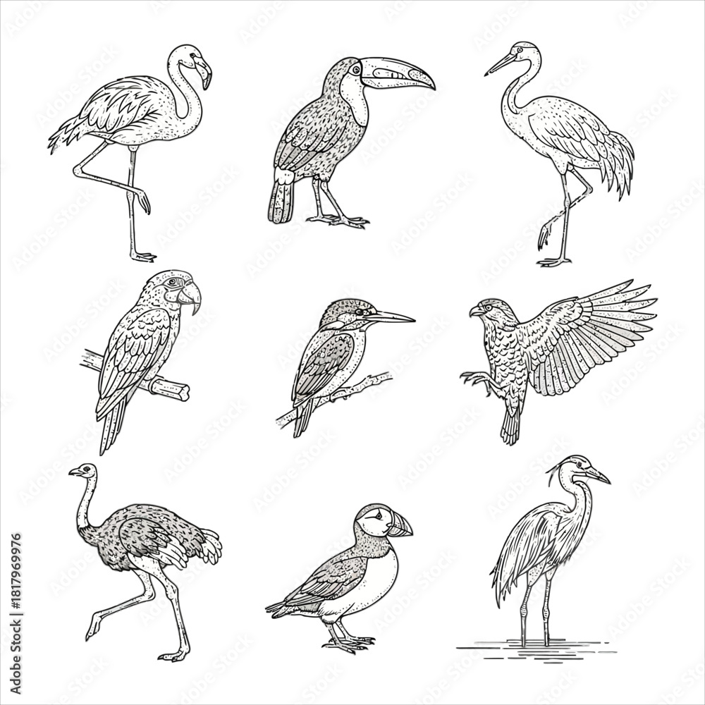 Naklejka premium Vintage bird sketch set hand drawn vector