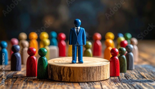 Blue-suited figure on pedestal surrounded by colorful figurines.