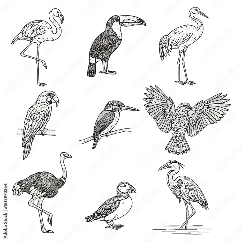 Obraz premium Diverse wild bird sketches in vintage style