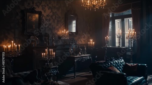 Dark, opulent antique room with numerous candles