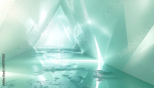 Fototapeta Naklejka Na Ścianę i Meble -  Abstract glowing geometric tunnel with ethereal light and reflective floor, creating a futuristic and serene atmosphere.