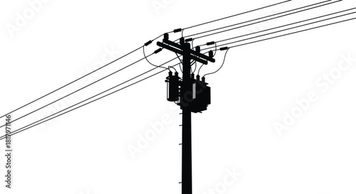 Utility pole silhouette, electrical transformer, power lines, energy distribution, black vector, infrastructure icon, voltage system, cable network