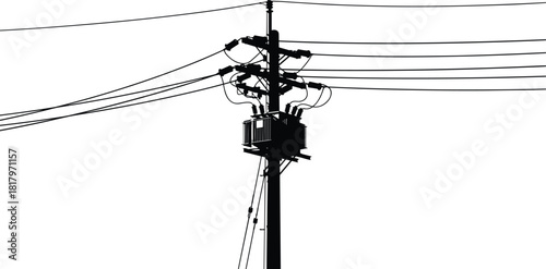 Utility pole silhouette, electrical transformer, power lines, voltage system, black vector, energy infrastructure, cable network, distribution icon