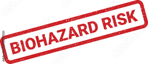 Grungy red biohazard risk stamp with rectangular outline and textured grunge appearance on a clean field