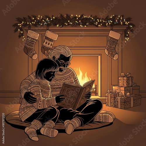 Stylized illustration of a grandparent and child reading a storybook together.