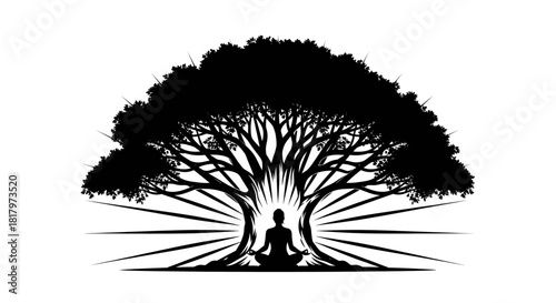 Serene silhouette of person meditating under a sprawling tree, radiating peace and enlightenment