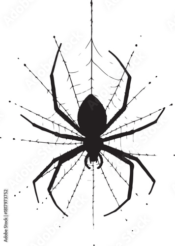 Black spider on a white background with a web spider web