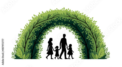 Joyful family strolls through a vibrant green archway, symbolizing growth and togetherness in a natural, serene setting.