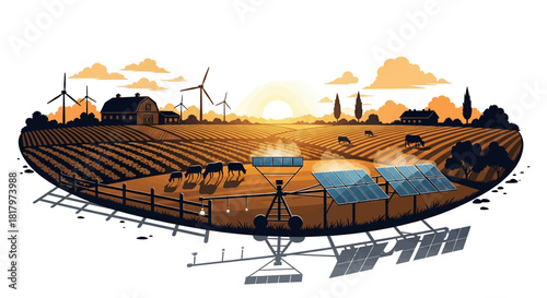 Sustainable agriculture thrives with solar power and wind turbines on a picturesque farm at sunset, showcasing modern eco friendly farming practices.