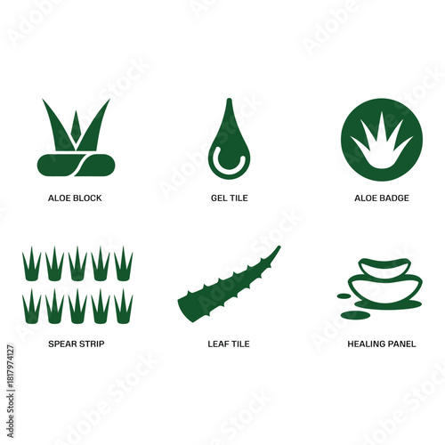Collection of aloe vera icons and illustrations for health and beauty products