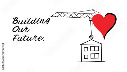 Crane lifting a house and a red heart with the text building our future symbolizing construction and love