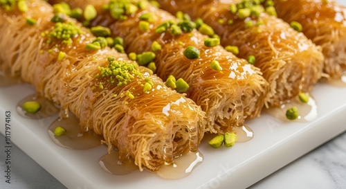 Golden strands of delicate pastry topped with chopped pistachios and drizzled with sweet syrup.