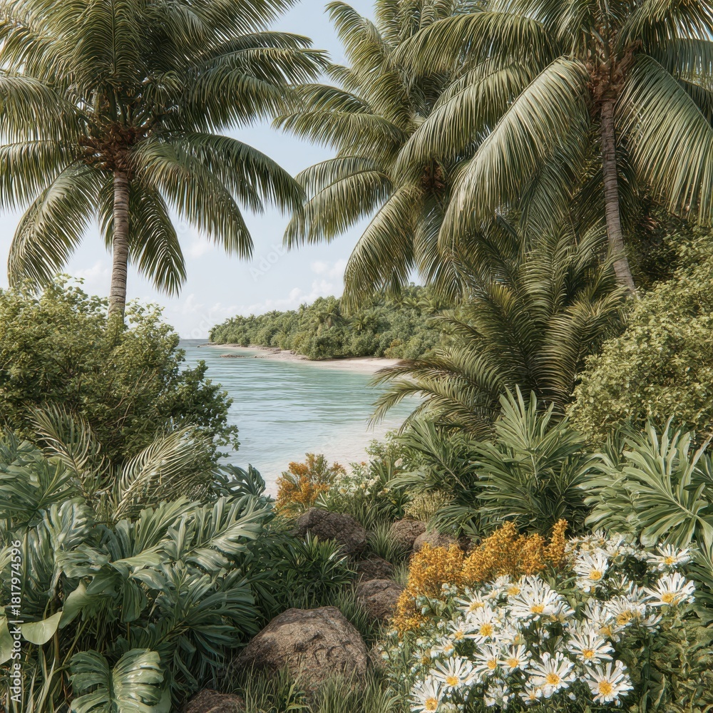Fototapeta premium Serene Tropical Beach Scene with Lush Greenery and White Flowers