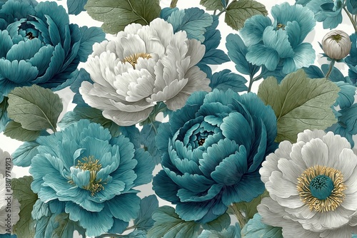 Teal and gray floral pattern with blue blooms and gold centers for modern wall decor