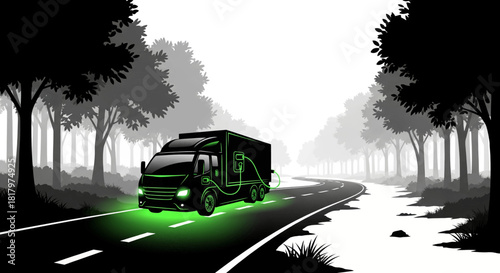 Futuristic electric truck charging on a scenic road through a stylized forest, showcasing sustainable transport and eco-friendly logistics.