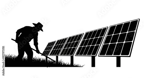 Farmer tending to solar panels in sunlit field promoting renewable energy and sustainable agriculture for a greener future
