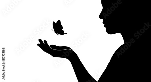 Graceful silhouette of a woman's profile releasing a delicate butterfly, symbolizing hope, transformation, and freedom in a minimalist design.