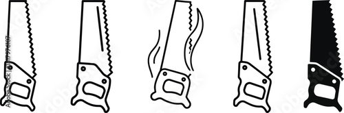 Hand saw icon collection featuring various styles from outline to solid silhouette, useful for construction, woodworking, and do-it-yourself projects, isolated on white. Vector