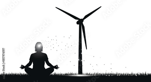 Serene silhouette of a person meditating in lotus pose near a wind turbine, symbolizing harmony with renewable energy and inner peace.