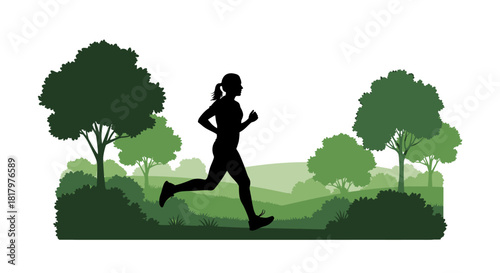 Active woman's silhouette running through a vibrant green park, embracing a healthy lifestyle outdoors with a sense of freedom and energy.