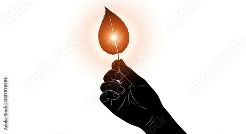 Elegant silhouette hand gently holds a glowing autumnal leaf, symbolizing nature's delicate beauty and seasonal change in a minimalist style.