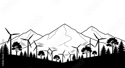 Sustainable energy powers majestic mountain landscape with wind turbines silhouetted against a crisp white sky