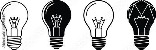 Four distinct lightbulb icons illustrating diverse concepts of innovation, creativity, and electrical illumination in a clean modern vector style collection. Vector