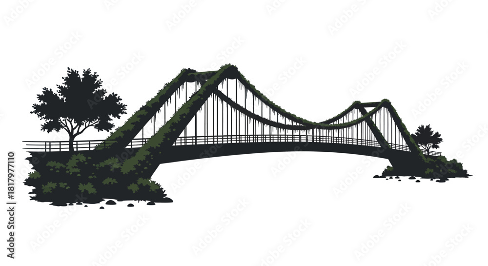 Fototapeta premium Overgrown suspension bridge engulfed in lush green vines evokes a sense of forgotten journeys and untamed natural beauty