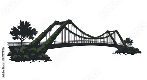 Overgrown suspension bridge engulfed in lush green vines evokes a sense of forgotten journeys and untamed natural beauty