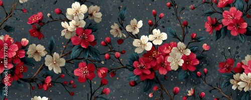 Dark blue vintage floral pattern with small red and white flowers for textile and wallpaper design