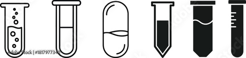 Science and medical research vector icons including test tubes, laboratory glassware, and a medicine capsule for chemistry and pharmaceutical concepts. Vector