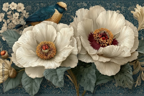 Floral design with large white and yellow flowers, red berries, and lush leaves on teal background