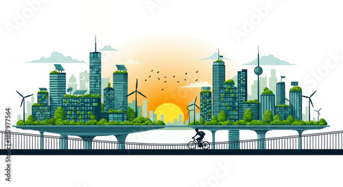 Vibrant eco city skyline blends modern skyscrapers with lush greenery and renewable energy sources under a golden sunset, promoting sustainable urban living and clean transportation.
